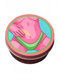 a pink tin with an image of a woman in a bikini